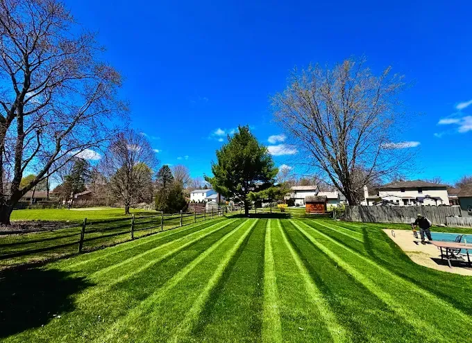 Lawn with striped pattern, trees, blue sky, and a person near a picnic area.