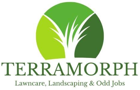 Logo for Terramorph lawn care, landscaping, and odd jobs; green circle with grass blades and text.