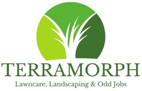 Logo for Terramorph lawn care, landscaping, and odd jobs; green circle with grass blades and text.