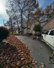 A driveway covered in fallen autumn leaves with a work truck parked beside a house.