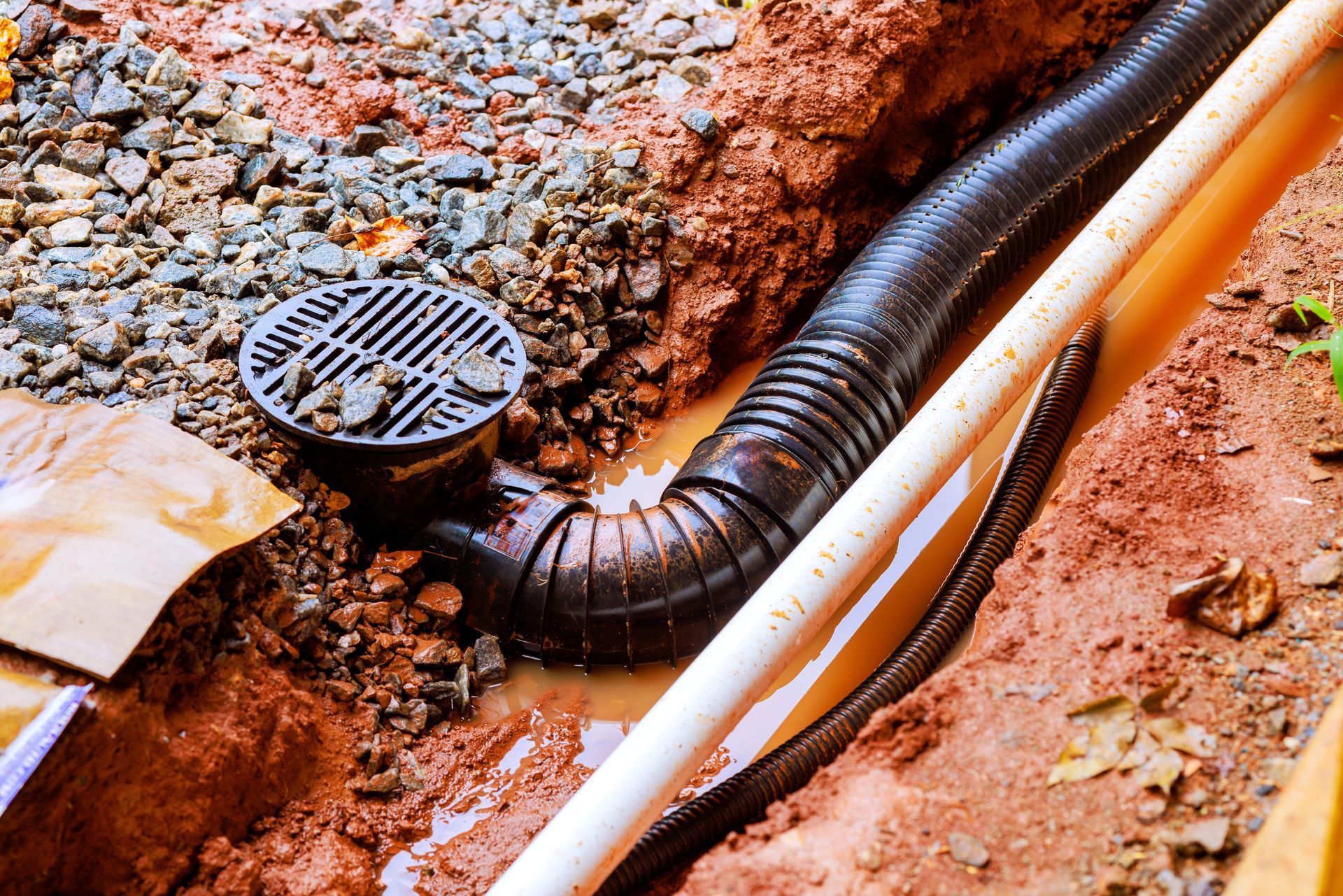 A black drainage grate and corrugated pipe installed in a muddy, excavated trench with gravel and a white pipe nearby.