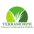 Logo for Terramorph lawn care, landscaping, and odd jobs; green circle with grass blades and text.