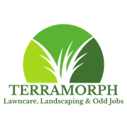 Logo for Terramorph lawn care, landscaping, and odd jobs; green circle with grass blades and text.
