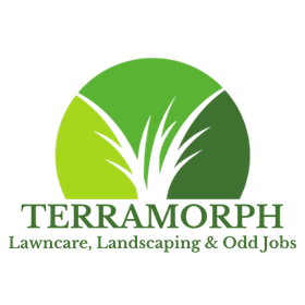 Logo for Terramorph lawn care, landscaping, and odd jobs; green circle with grass blades and text.