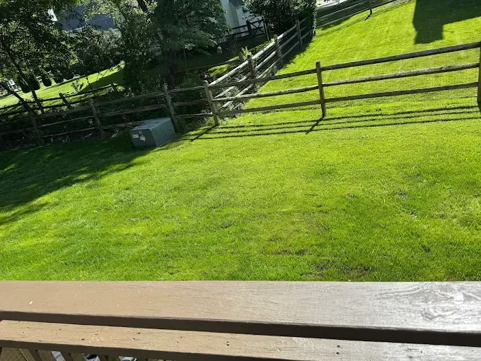 Green lawn sloping down to a wooden fence, viewed from a brown wooden deck.