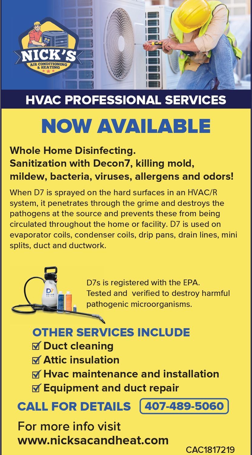 HVAC ad: Man working on a unit; offers whole-home sanitization, duct cleaning, and more.