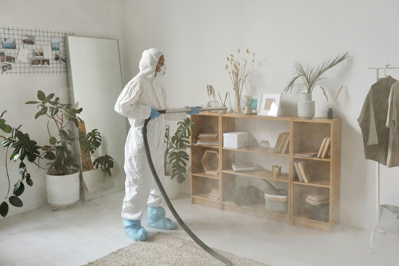Person in protective suit disinfecting a room with visible spray.