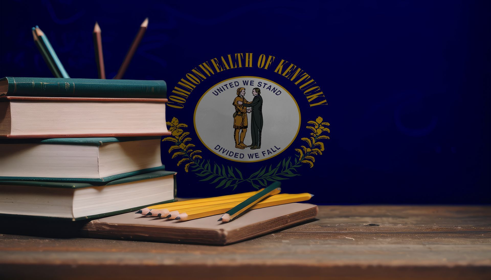a stack of books and suplies in front of the Kentucky state flag