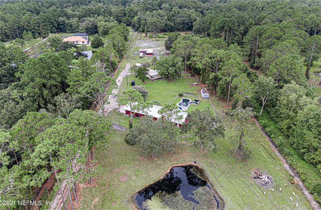 Aerial view of a red-roofed house with a pond, surrounded by trees and a long driveway.