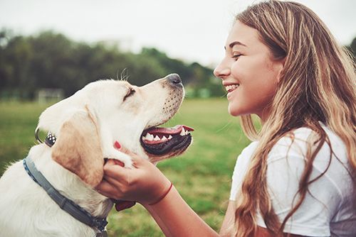 woman walking with healthy and happy dog on dirt road