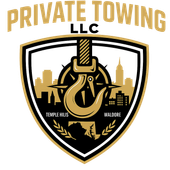 Private Towing LLC logo with gold tow hook and black shield, Temple Hills and Waldorf text