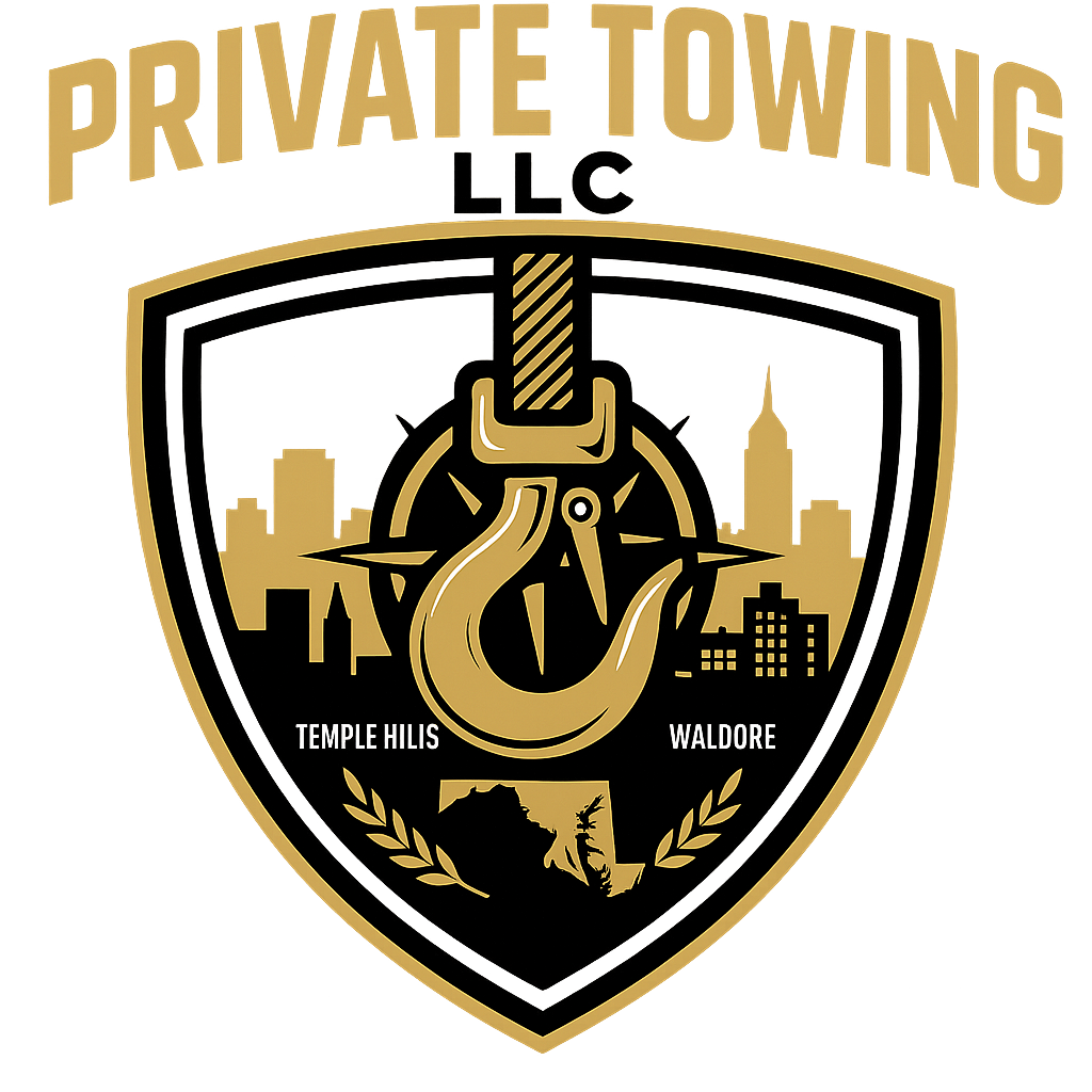 Private Towing LLC logo with gold tow hook and black shield, Temple Hills and Waldorf text