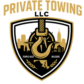 Private Towing LLC logo with gold tow hook and black shield, Temple Hills and Waldorf text