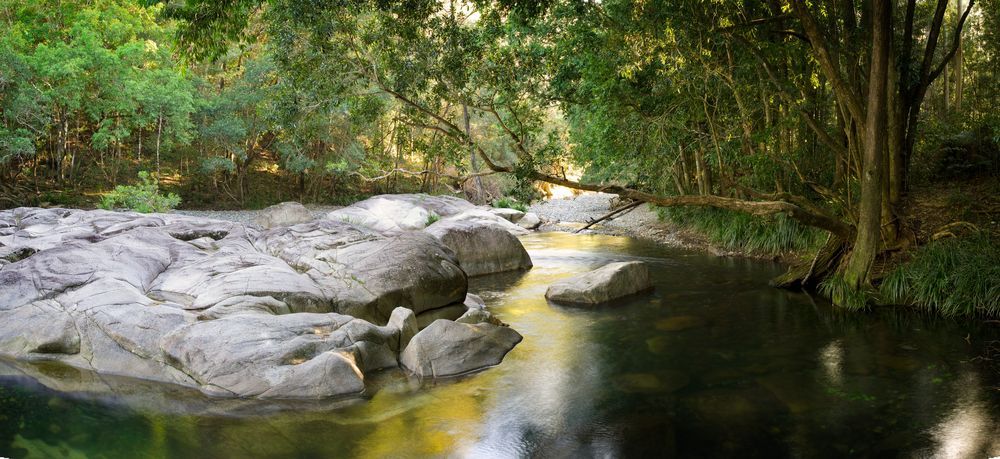 A River Flowing Through A Lush Green Forest Surrounded By Trees And Rocks — Law Air Conditioning In Ingham, QLD