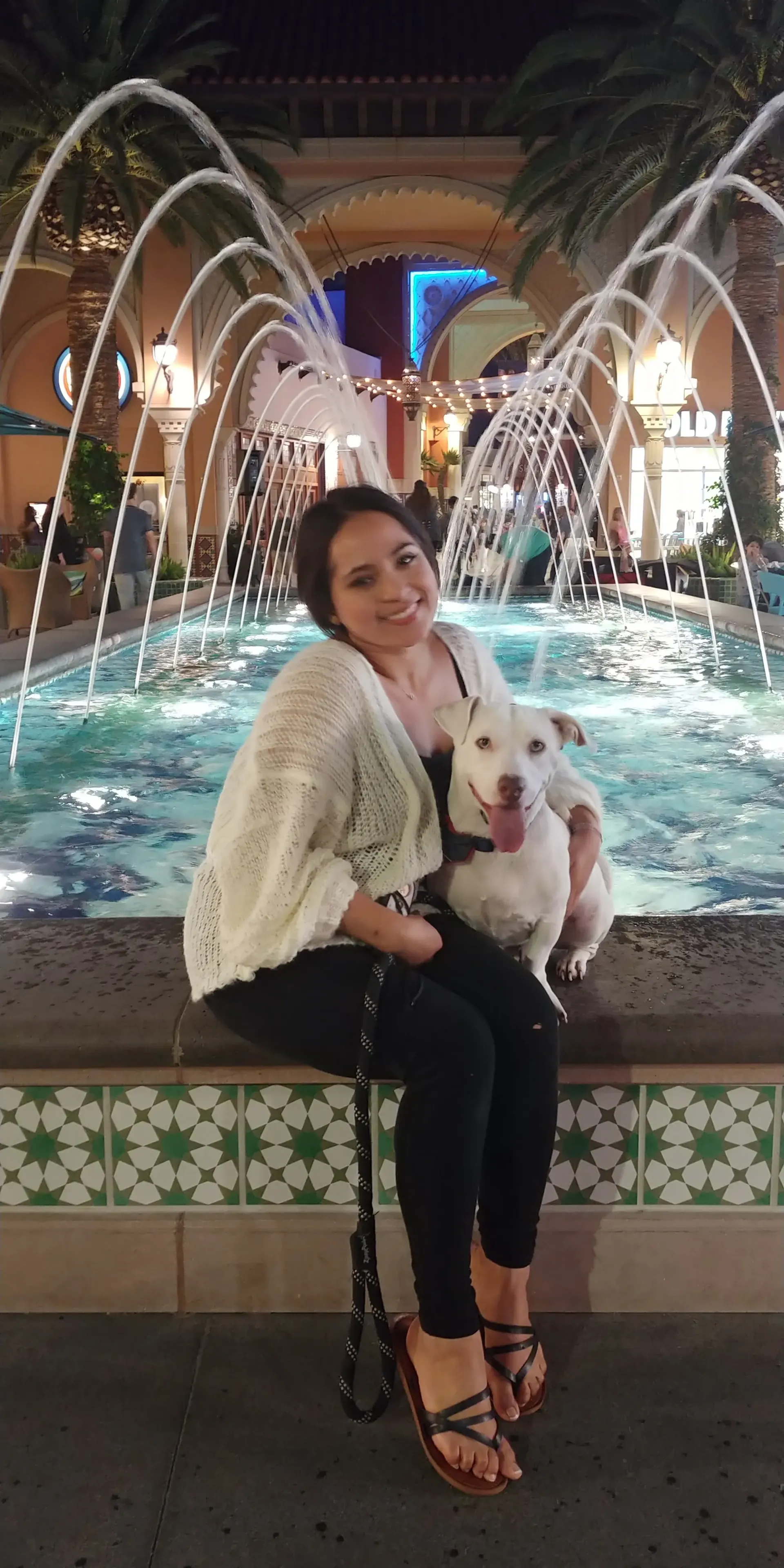 A woman is sitting on a bench holding a dog in front of a fountain.