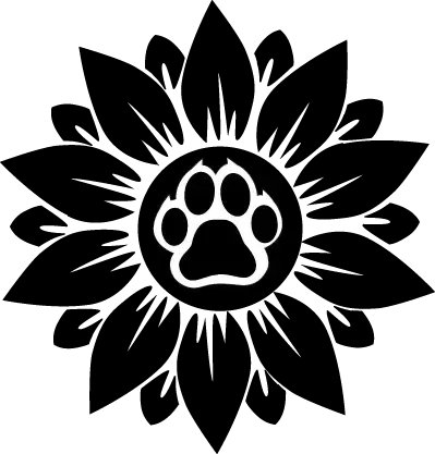A black and white silhouette of a sunflower with a paw print in the center.