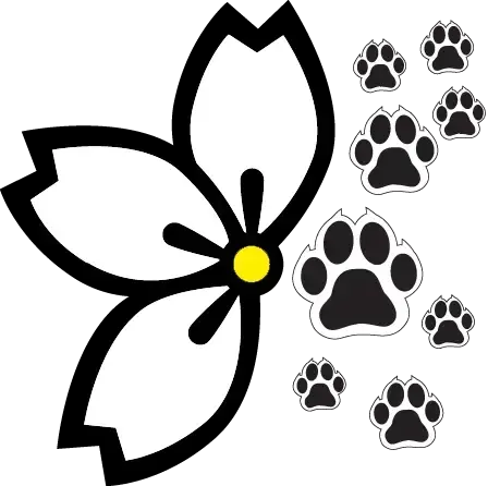 A flower with a yellow center and paw prints around it.