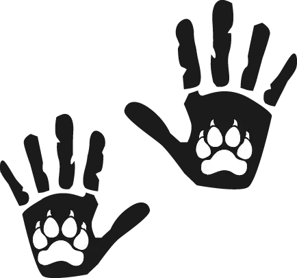 A pair of hands with paw prints on them on a white background.