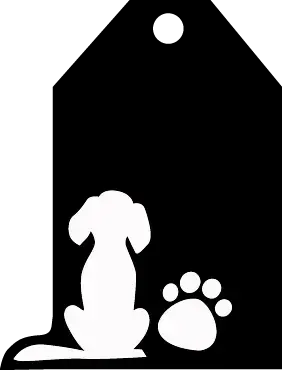 A black and white silhouette of a dog and a paw print.