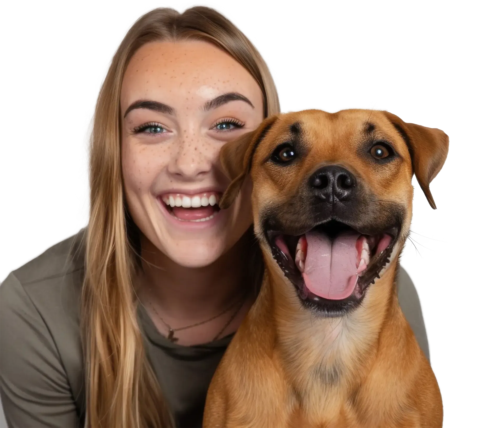 A woman is smiling next to a brown dog with its tongue out