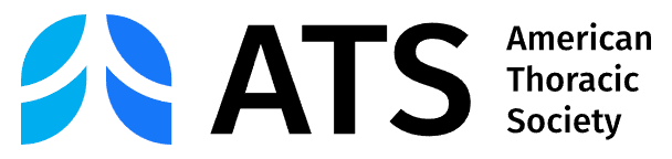 Logo of the American Thoracic Society; stylized blue emblem and black