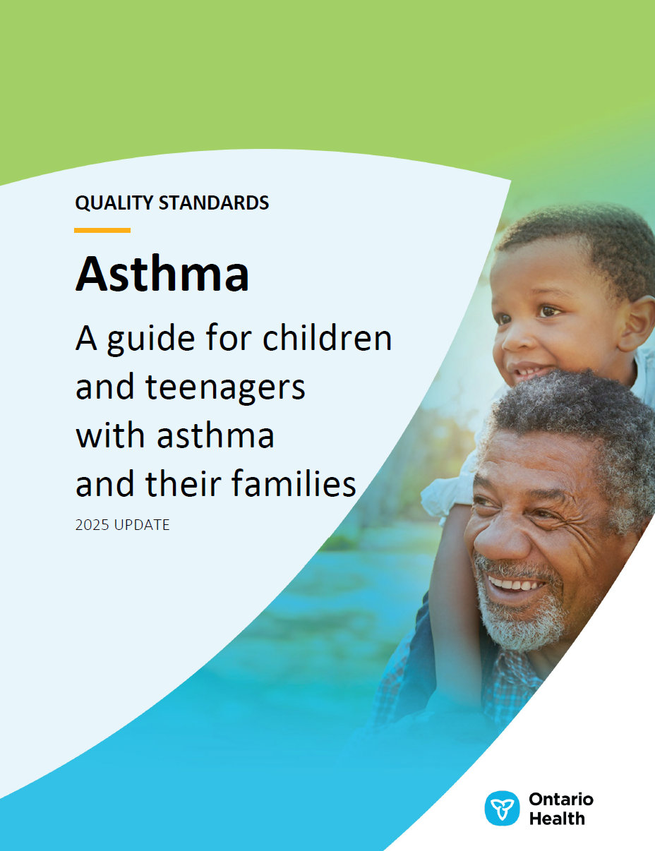Cover: Asthma guide for children and families. Man carries child on his shoulders, blue and green design.