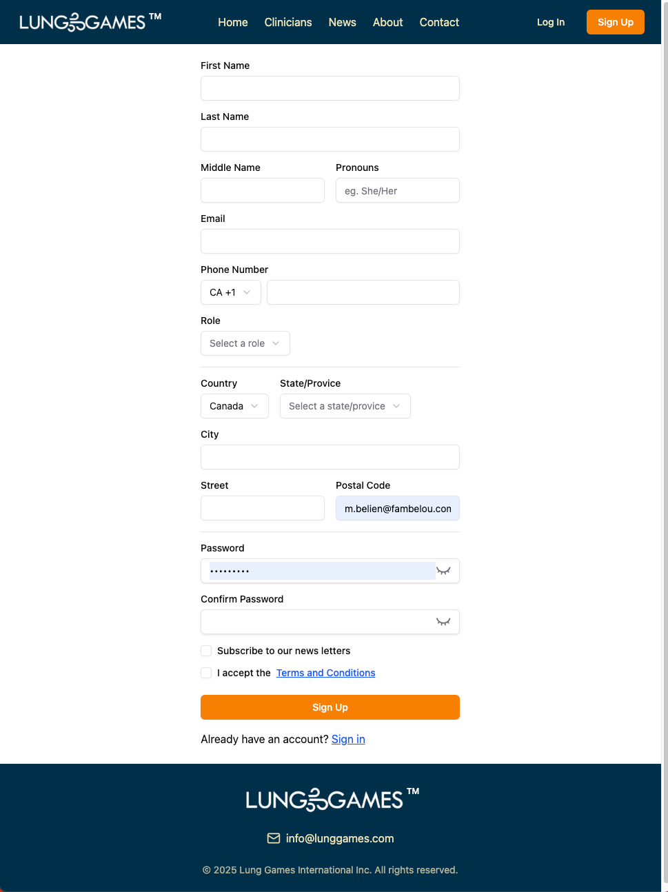 Registration form on LUNGO GAMES website with fields to input user information and a