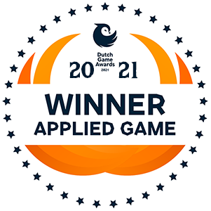 Dutch Game Awards 2021 winner emblem. Orange and blue design, with the text