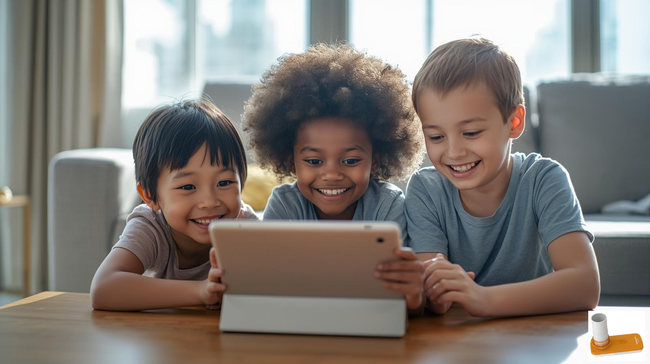 A family of four, smiling and holding game controllers, on a white couch.