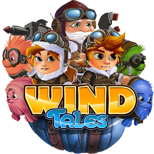 Wind Tales game logo: Cartoon pilots and creatures around a title on a blue bag.