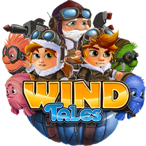 Wind Tales game logo: Cartoon pilots and creatures around a title on a blue bag.