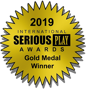 Gold medal from the 2019 International Serious Play Awards. Gold starburst with text: Gold Medal Winner.
