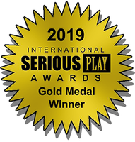 Gold medal from the 2019 International Serious Play Awards. Gold starburst with text: Gold Medal Winner.