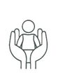 Hands cupping a stick figure person, symbolizing care or support.