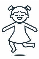 Girl with pigtails jumping, arms out, smiling.