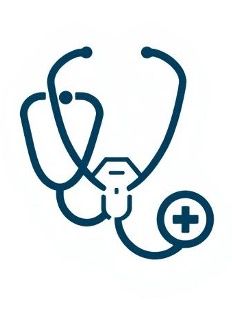 Blue stethoscope with a plus sign icon.