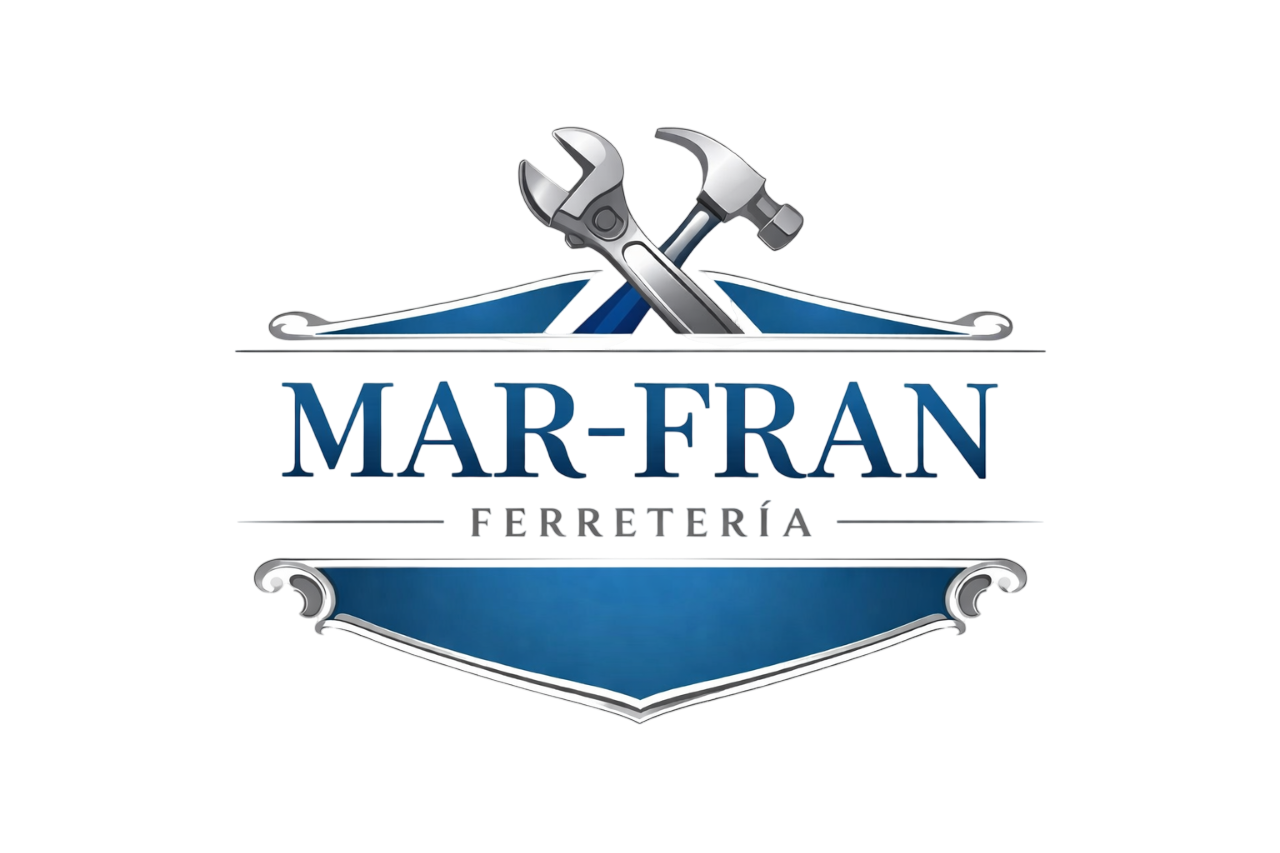Logotipo para Mar-Fran Ferretería: Una llave inglesa y un martillo cruzados sobre un texto sobre un fondo azul.