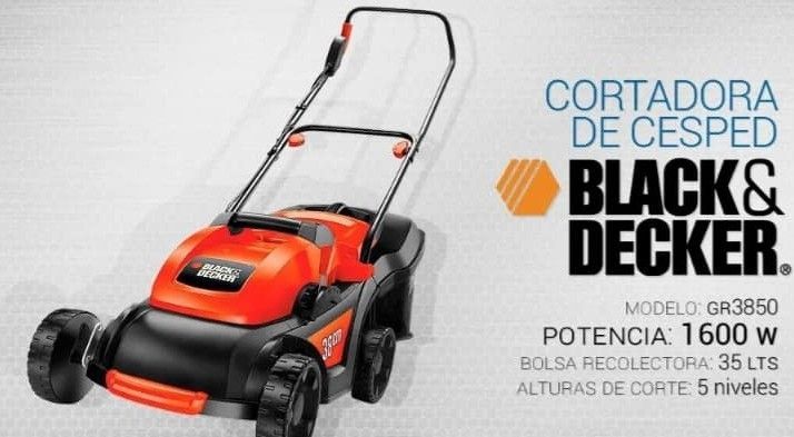 Cortacésped Black & Decker. Color naranja y negro, 1600 W de potencia, bolsa de 35 L y 5 alturas de corte.