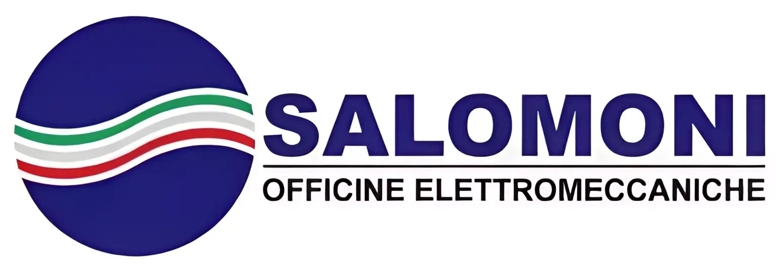 Logo di Salomoni Officine Elettromeccaniche, cerchio blu con i colori della bandiera italiana, testo in blu scuro.