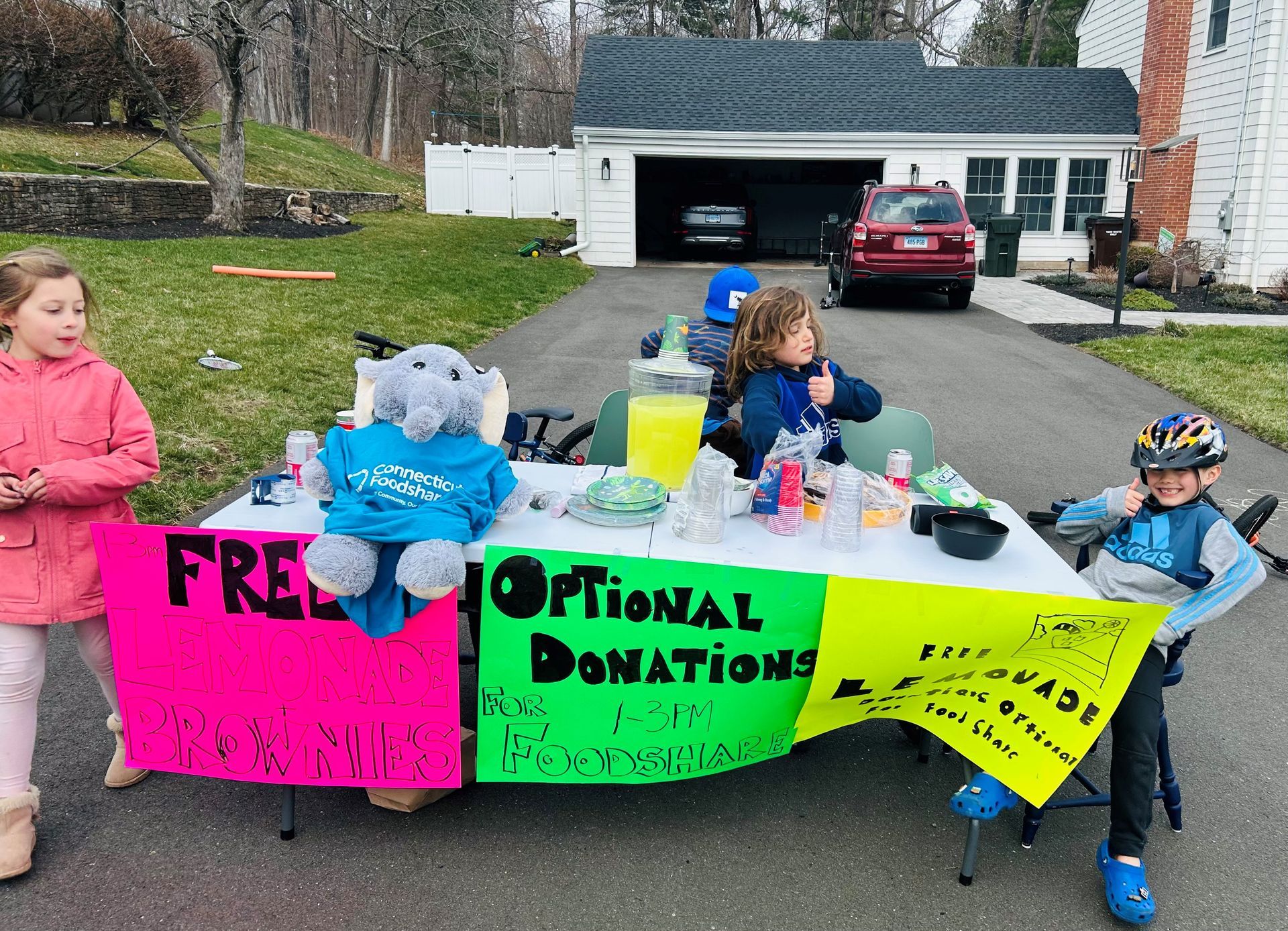 Sunny's grandkids, hard at work at their lemonade stand to benefit Connecticut Foodshare.