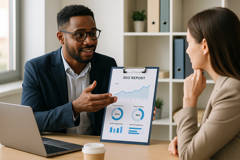 A man is sitting at a desk talking to a woman while holding a clipboard with a graph on it.