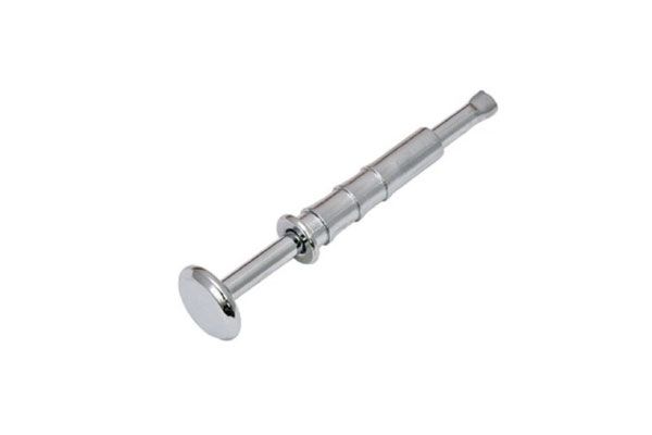 A close up of a metal object on a white background.