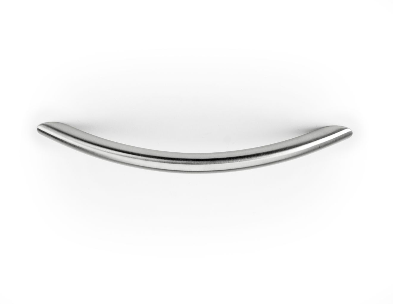 A curved stainless steel handle on a white background.
