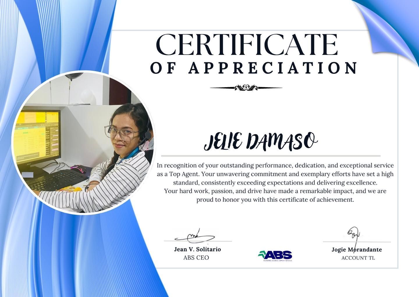 Certificate of Appreciation for Julie Damaso. Features a photo of Julie, and is signed by AIS CEO and Accountant.