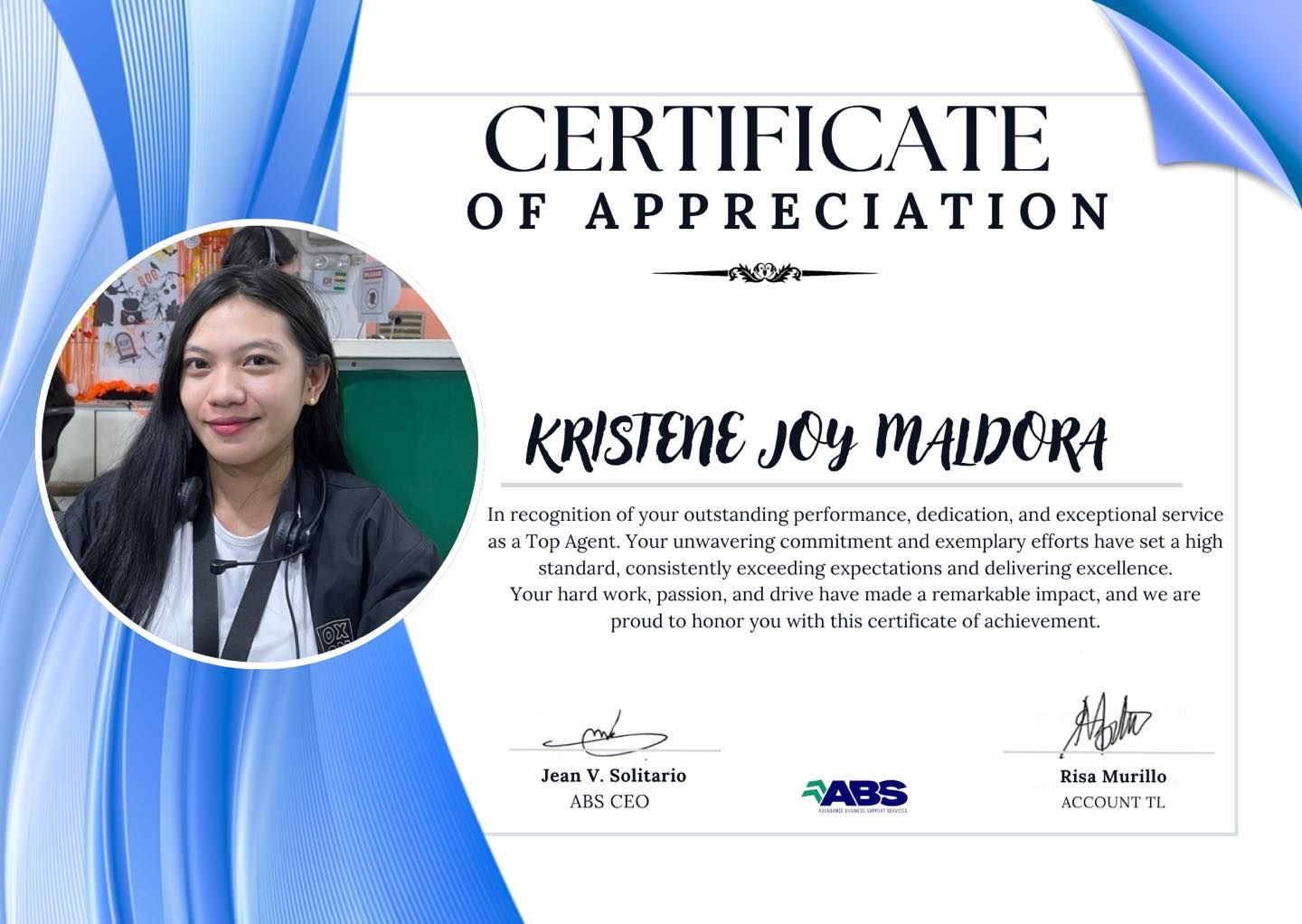 Certificate of Appreciation for Krisiene Joy Maldora with her photo, signed by two individuals.