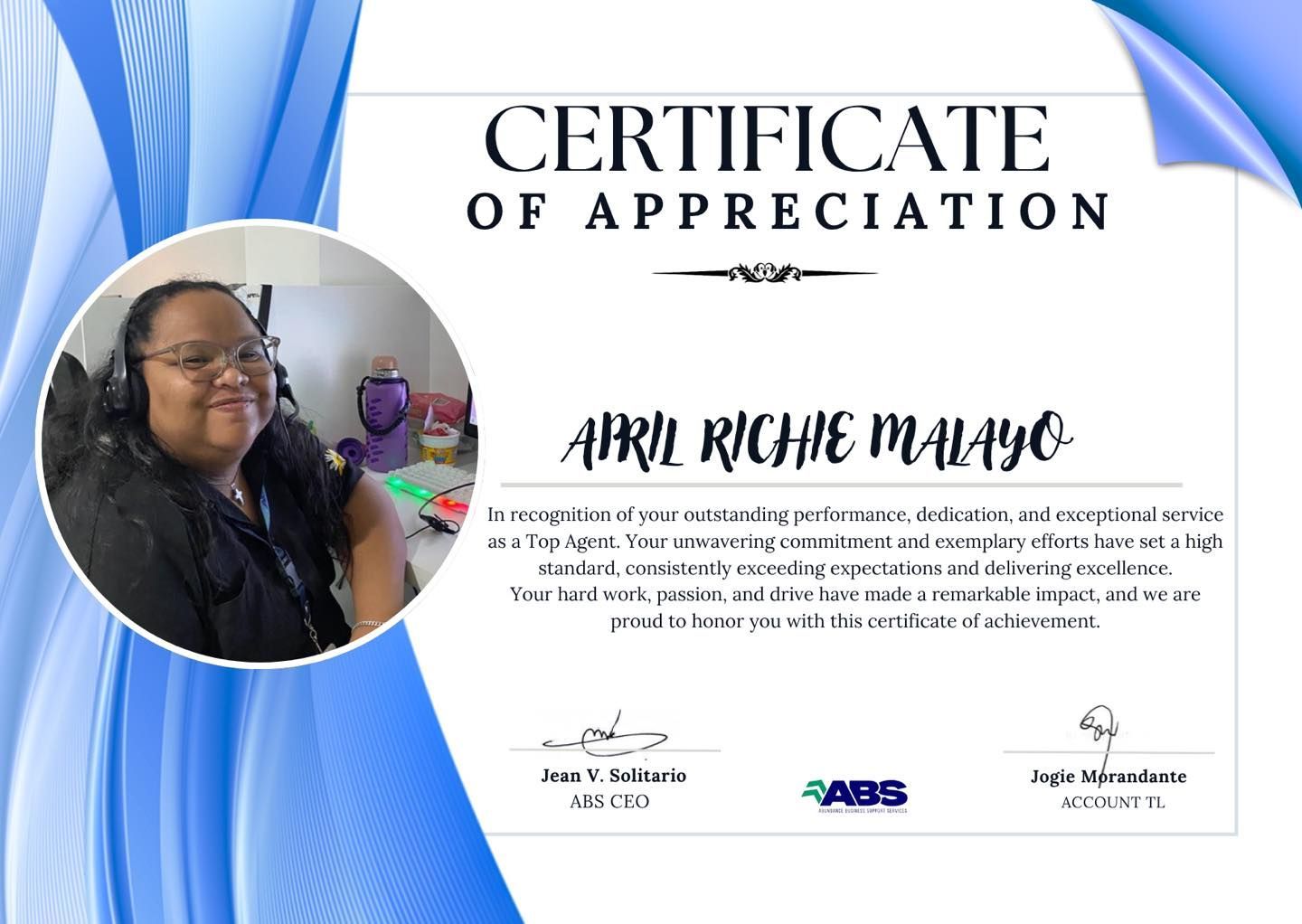 Certificate of Appreciation for April Richie Malayo with photo; blue background.