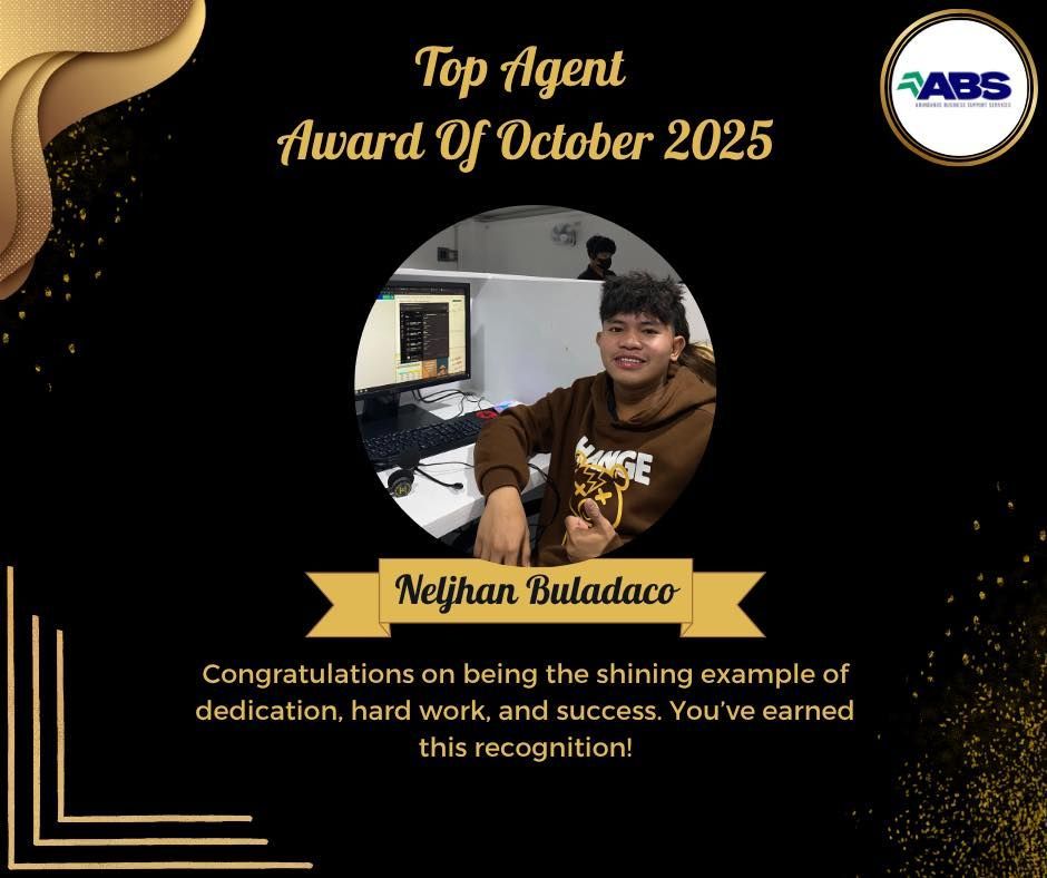 Award graphic: Netfhan Buladaco, Top Agent of October 2025, in a black and gold design with ABS logo.