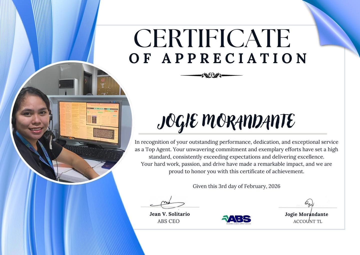 Certificate of appreciation for Jogie Morandante. Woman in call center setting. White and blue with logo.
