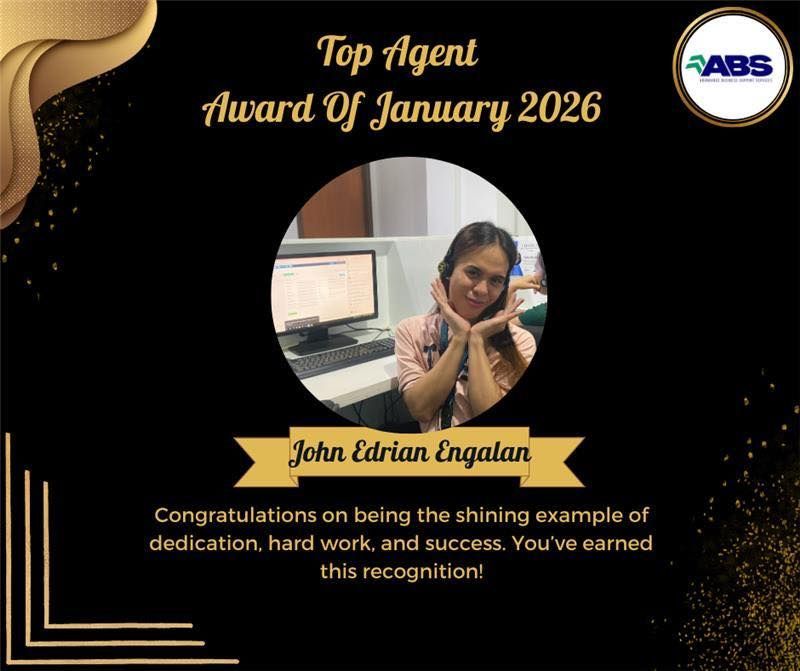 Award for John Edrian Engalan: Top Agent, January 2026. Woman in photo, black and gold design with ABS logo.