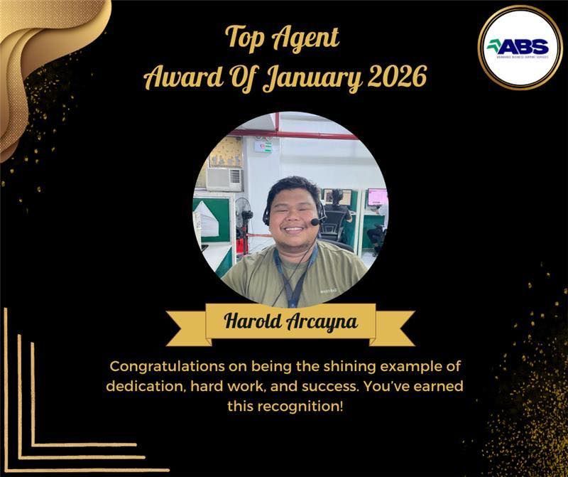 Award for Harold Arcayna as Top Agent of January 2026. Includes photo of smiling man with headset. Black and gold background.